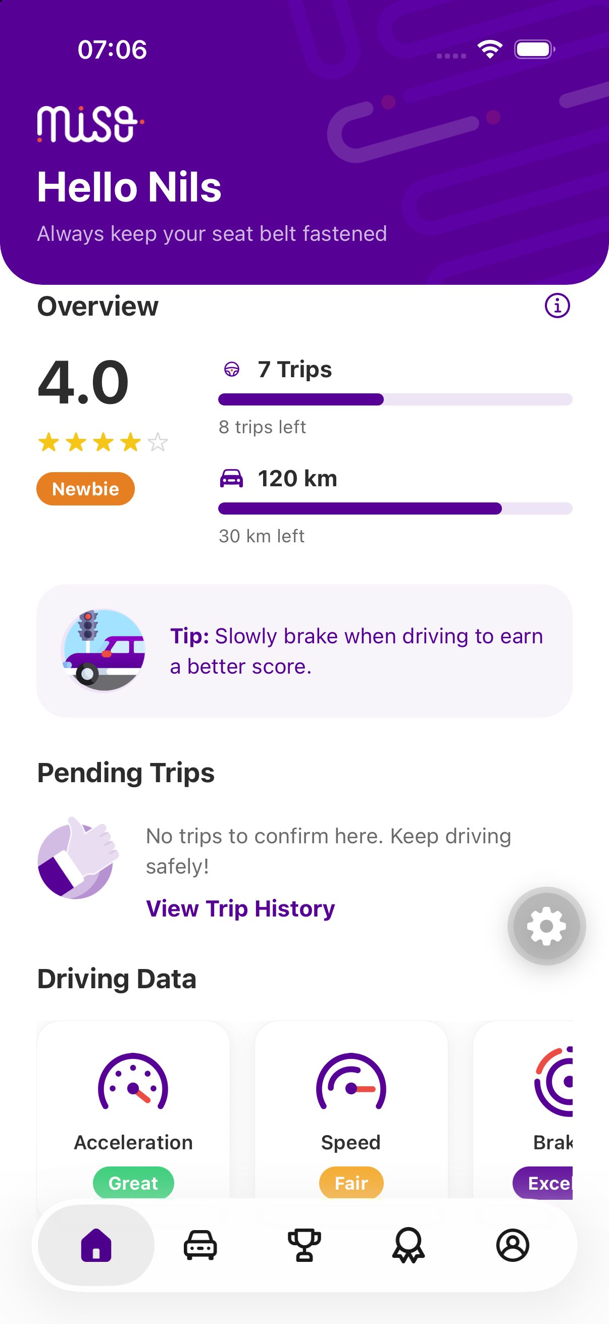 Miso Motor driver overview showing a 4.0 driving score, progress across 7 trips and 120 kilometres, and feedback on acceleration, speed and braking.